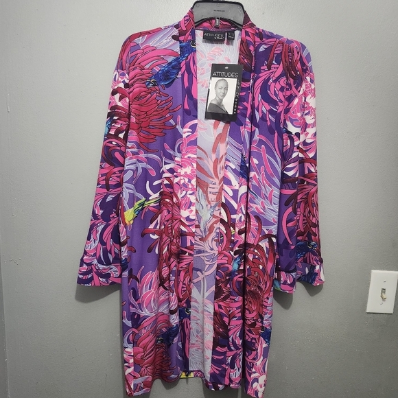 Attitudes by Renee Vibrant Pink and Purple Kimono Size XSP Novelty Brints Birds - Picture 1 of 8